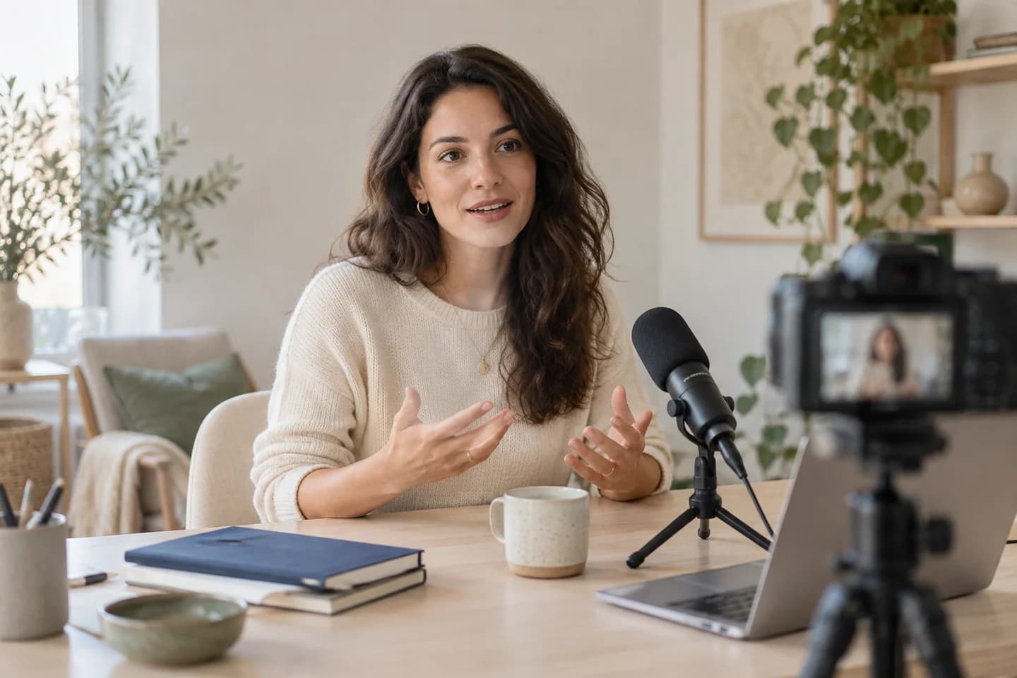 A course creator recording a lesson in a bright home studio