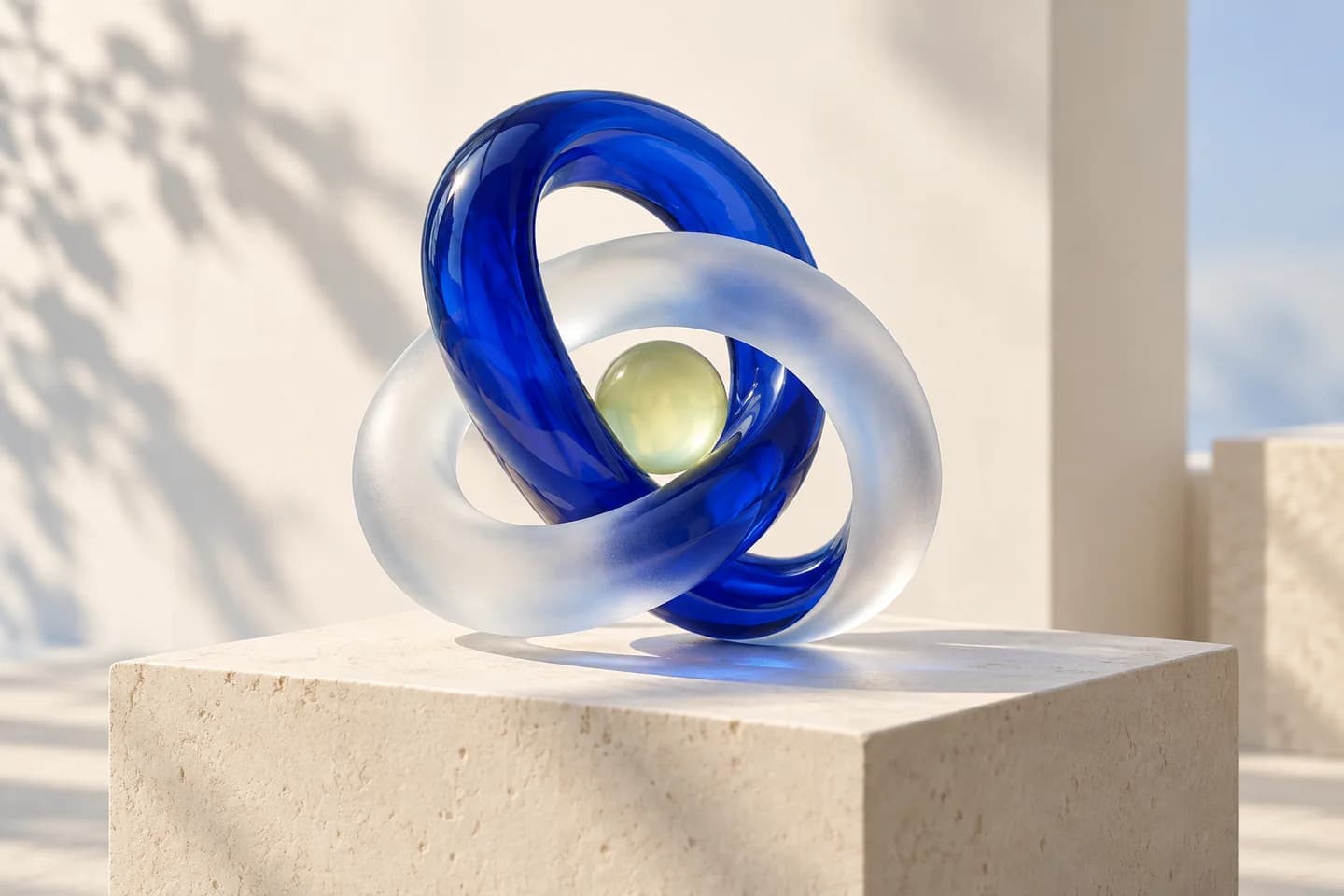 Cobalt and frosted glass rings on a sunlit stone plinth